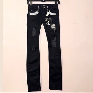 A7 Black Swarovski Embellished Crystals Distressed Jeans Size 24 NWT!